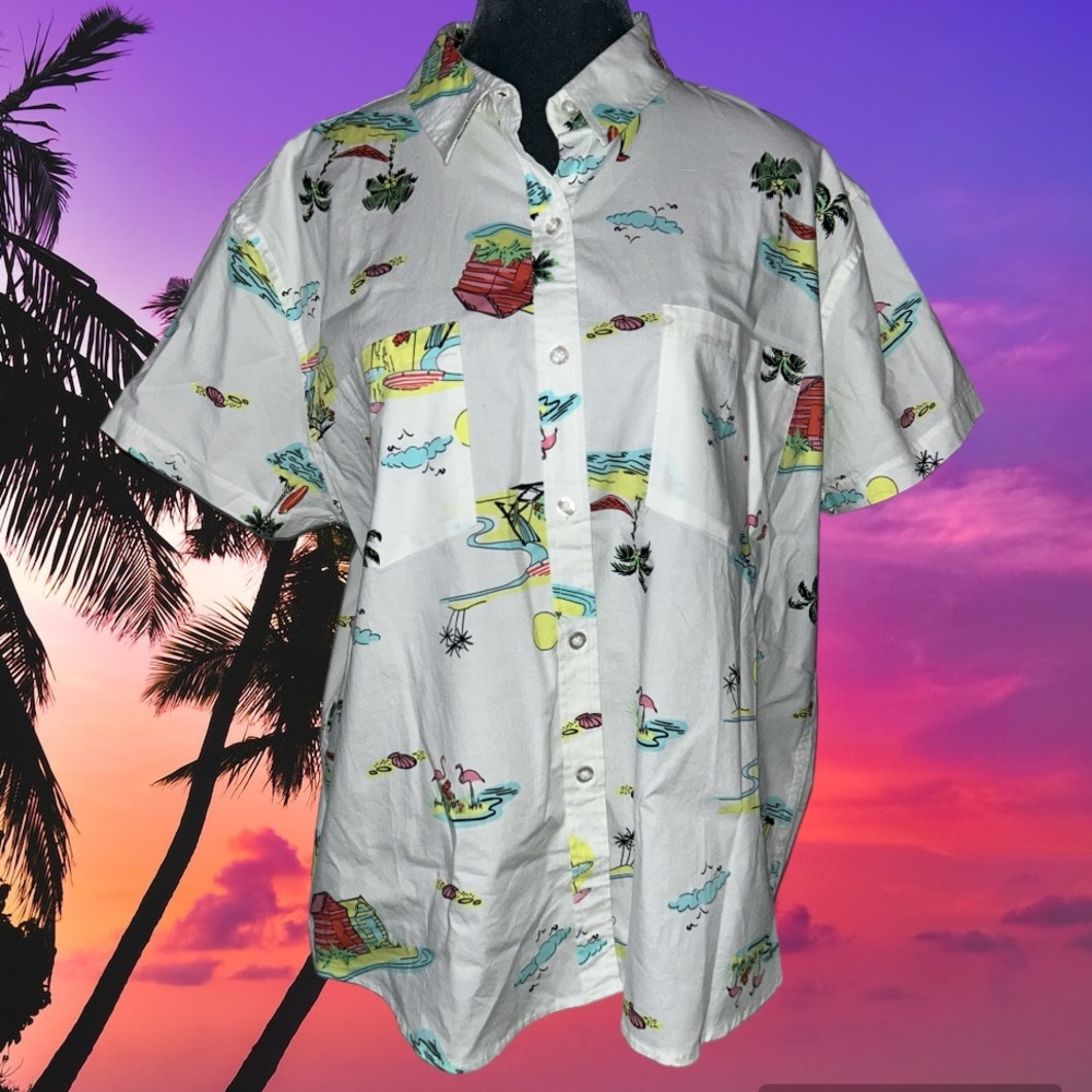 Fresh Produce Tropical fun casual button down cotton stretch vacay vibe print